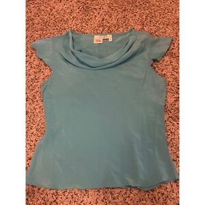 CoMo Blue 100% Silk Cowl Neck Cap Sleeve Top Elegant Blouse Medium‎ M